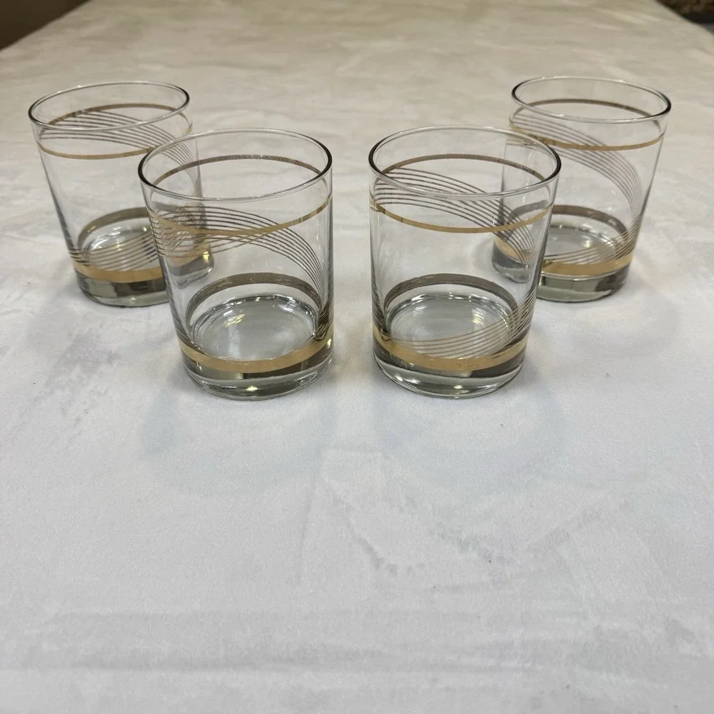 Vintage MCM Gold Swirl Rocks Glasses Set 4 Mid Century Barware Tumblers